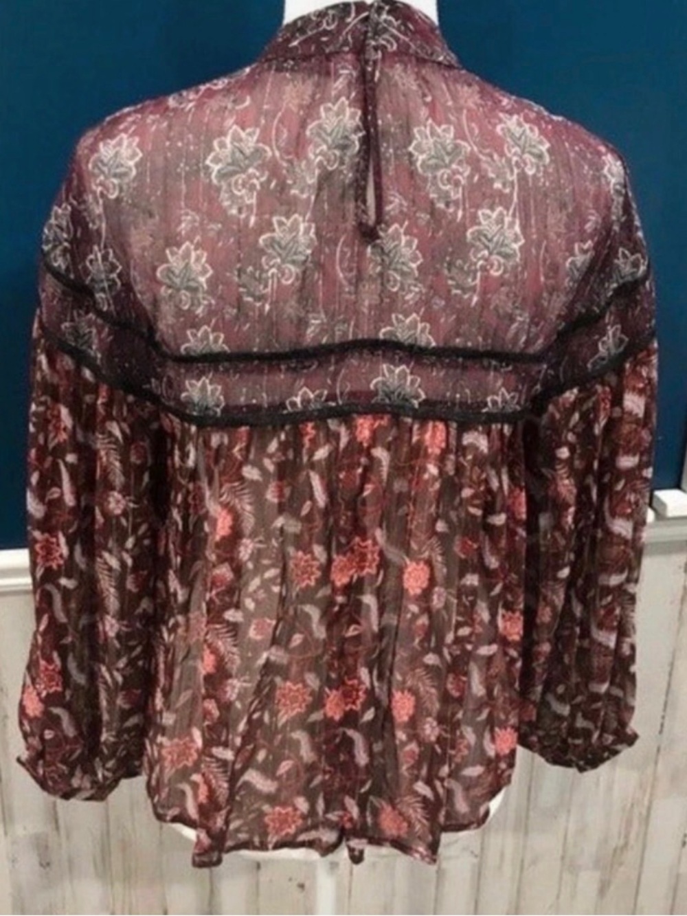 Zara ZW Collection Burgundy Floral Sheer High-Neck Blouse - Picture 6 of 11